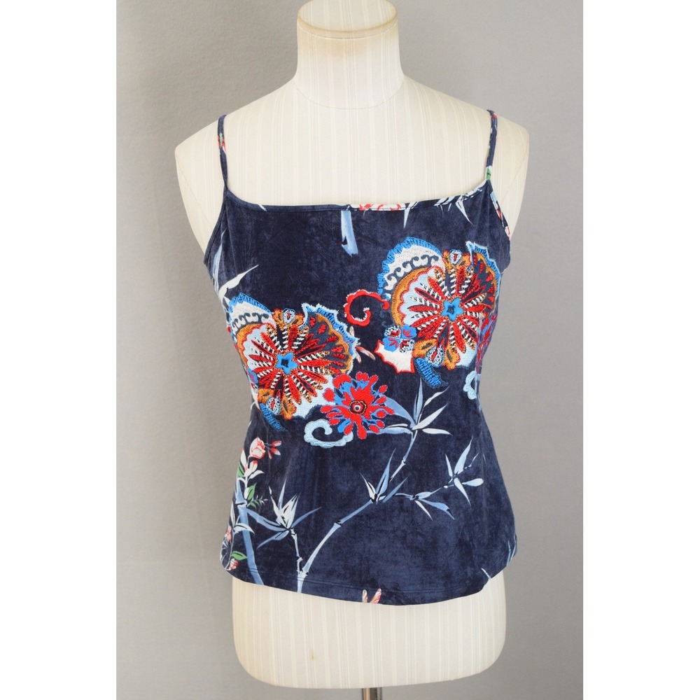GF Ferre Camisole Tank Top Medium Blue Floral Print Asian Embroidered Y2K Vtg